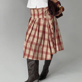 LIZAKOSHT - Women Vintage Plaid Midi Skirt Stylish Irregular Hem Bow Tie Pleated Skirts Preppy Cute Y2k Gingham A Line Skirt