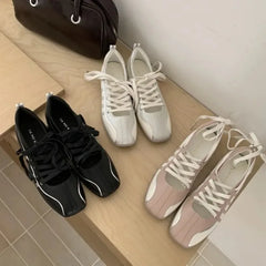 LIZAKOSHT - Korean Style Women's Ballet Slippers Spring New Design Sensibility Flat Bottom Tied Shoes Adult Color Block Style