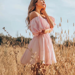 LIZAKOSHT - Elegant Sexy Square Collar Mini Dress Women Vintage Puff Short Sleeve Elastic Waist Summer Dresses Female Boho Vestidos