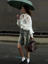 LIZAKOSHT - Commute Ribbon White Shirts Women Loose Puffy Long Sleeves See Through Blouse Female Spring Summer New Chic Streetwears