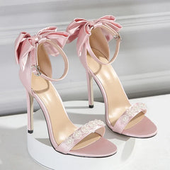 LIZAKOSHT  -  Pearl Satin Bowknot Sexy Thin High Heels Women Crystal Striptease Shoes Female Luxury Party Dress Shoes Women Sandalias De Mujer