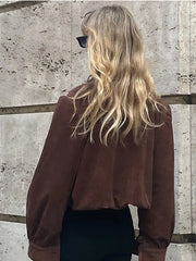 LIZAKOSHT  -  Retro Brown Suede Short Jacket Elegant Women Stand Collar Full Sleeves Single Breasteds Loose Coats Autumn Chic Lady Street Wear