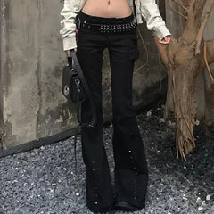 LIZAKOSHT  -  American Overalls Multi-Pocket Rivets Autumn Winter New Spice Girls Low Waist Slim Micro Bell Bottoms