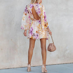 LIZAKOSHT - New Women's Fashionable Floral V-neck Long Sleeved Backless Lace Up Casual Dress