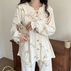 LIZAKOSHT  -  Women's Lace Up Pajama Set 2 Pcs with Pant Korea Style Flroal Print Long Sleeve Spring Autumn Buttons Pijama Suit for Female