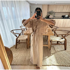 LIZAKOSHT - Fashion O-neck Lace-up Shirt Skirt Sets Lady Causal Long Lantern Sleeves Maxi Skirt Suits 2024 Loose High Street 2 Piece Outfit