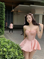 LIZAKOSHT - Women Sleeveless Off Shoulder Sweet Mini Dress Corset Boning Lace Jacquard Slim Fit Pink Sexy Strapless Summer Dress
