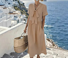 LIZAKOSHT - Summer New Bow V-neck Long Short-sleeved Solid Color Dress Temperament Casual Skirt
