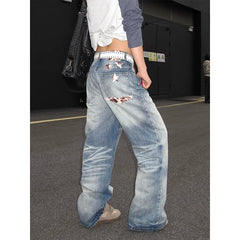 LIZAKOSHT - Women's Gothic Y2k Blue Jeans Vintage Hiphop Grunge American Splicing Jeans Pants Baggy Boyfriend Wide Leg Denim Pants