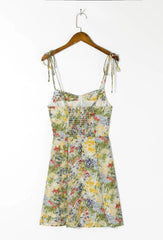 LIZAKOSHT - Sexy Women Lacing Up Sling Short Dresses Holiday Robe Retro French Yellow Green Floral Grass Print Spaghetti Strap Dress