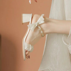 LIZAKOSHT - Sandals for Women Open Toe Footwear Office Work Summer 2024 Buckles Ladies Shoes Bow Square Heels Casual on Offer Designer Sale