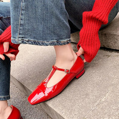 LIZAKOSHT - Fashion Flat Shoes New High Quality True Leather Square Head T-shaped Flat Bottom Mary Janes Shoes Modern Women's Shoes