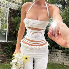 LIZAKOSHT - Hot Girl Hollow Out Camisole Women's Summer Pure Sexy Flowers Slim Short Top Fashion Female Clothes