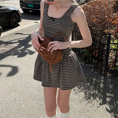 LIZAKOSHT  -  Women Plaid Printed Square Collar Sleeveless High Waisted Bow Patchwork Backless Simple Style Cute Sling Pleated Tank Dress