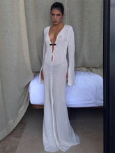 LIZAKOSHT - Female Knitwear Hollow Out Long Dress Beach Cover up See-Through Loose Long Sleeve V-Neck Dress Women's Knit Maxi Dress