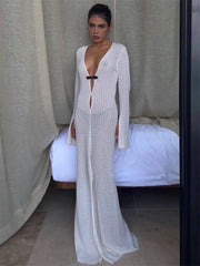 LIZAKOSHT - Female Knitwear Hollow Out Long Dress Beach Cover up See-Through Loose Long Sleeve V-Neck Dress Women's Knit Maxi Dress