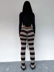 LIZAKOSHT - Knitted Sexy Low Waist Drawstring Women Pant Patchwork See Through Long Trousers Autumn Winter Slim Casual Streetwear