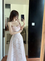 LIZAKOSHT - Jacquard Spagehtti Strap Evening Dress Women New High Waist Large Swing A-line Dresses Sexy Sweet Slim Party Robe