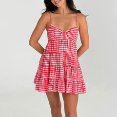 LIZAKOSHT - Red Women Spaghetti Strap Cami Dress Y2K Cottage Plaid Sweetheart Neck Tiered Hem Back Lacing Short Dresses Summer Holiday