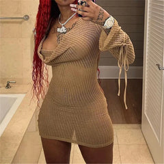 LIZAKOSHT - V Neck Backless Beach Mini Dress For Women Knitted Fishnet See Through Long Sleeve Club Sexy Elastic Casual Party Vestidos