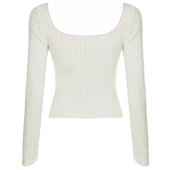 LIZAKOSHT - Contrast Lace V-neck Top Coquette Aesthetic Folds Chest Long Sleeve T-shirt Y2K Sexy Slim-fit Knitted Tops Fall Spring