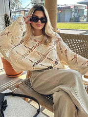 Lizakosht Loose Round Neck Hollow Out Pullover Women Solid Long Sleeved Knitwear Sweater 2024 New Fashion Female Vacation Jumper Tops