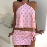 LIZAKOSHT - Sexy Halter Tops and Short Skirt Suit Women Fashion Pattern Printed Club Party Outfits Elegant Split Tie-Up MIni Skirt 2Pc Sets