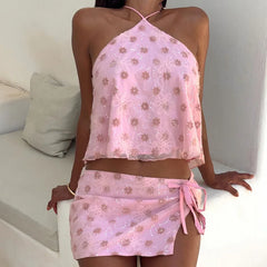 LIZAKOSHT  -  Sexy Halter Tops and Short Skirt Suit Women Fashion Pattern Printed Club Party Outfits Elegant Split Tie-Up MIni Skirt 2Pc Sets
