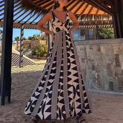 LIZAKOSHT - Women Pattern Print Big Swing A-line Dress All Match Female High Waist Long Dress Casual 2025 Suspender V Bohemian Dress Elegant