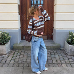 LIZAKOSHT  -  American Street Y2k Knitted Cardigan Personalized V-neck Striped Sweater Top Spicy Girl Fashion Short Versatile Thin Knitwear