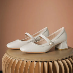 Lizakosht Heel Women Mary Jane Shoes Pearl Square Head High Heels Comfy Casual Office Shoes for Women Leather Fashion Mary Jane