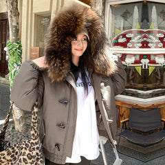 LIZAKOSHT  -  Women's Autumn Winter Top Coat Cotton Coat Fur Collar Horn Button Hood Thickened Warm Retro Comfortable Casual Niche Versatile