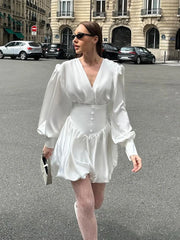 LIZAKOSHT - Solid Satin Women Mini Dresses Elegant V Neck Long Lantern Sleeve High Waist Female Short Dress Autumn New Fashion Lady Vestidos
