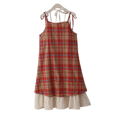 LIZAKOSHT  -  Original Pastoral Style Vintage Dress Embroidery Lace Splice Lace Up Fake 2pcs Slip Skirt Women Dress Plaid Long Spliced Robe