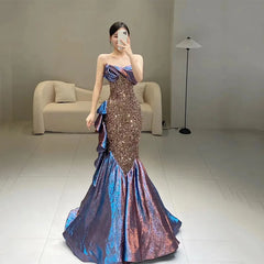 LIZAKOSHT - Purple Strapless Shiny Prom Dresses Sleeveless Mermaid Pleated Sexy Laser gradient 2024 New Formal Party Cocktail Evening Gowns