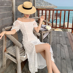 LIZAKOSHT - Women Summer White Backless Square Collar Dress Female Puff Sleeve Split Beach Dress Vestidos Simple Party Dress