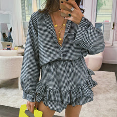 LIZAKOSHT - Women 2 Piece Beach Outfits Y2K Vintage Long Sleeve Button Plaid Tops Tiered Ruffle Skirted Shorts Sets Retro Streetwear