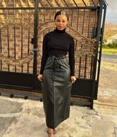 LIZAKOSHT - New Women's Autumn and Winter Mid Length Skirt, Black PU Leather Bag Hip Skirt, Button Slit Half Body Leather Skirt with Belt