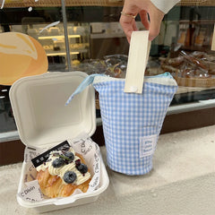 LIZAKOSHT - Contrast Color Plaid Women's Bucket Storage Bags Simple Canvas College Girls Pencil Case Clutch Purse Handbags Cosmetic Bag