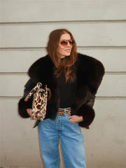 LIZAKOSHT  -  Women's Black PU Leather Jacket Large Faux Fur Collar Cuff Full Sleeve Lace Up Waist Cinching Coat 2025 Autumn Female Streetwear