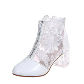 LIZAKOSHT - Ethnic Style Women Retro Lace High Heels Ankle Boots Autumn Embroider Pointed Toe Platform Short Boot Thick Heeled Pumps