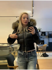 LIZAKOSHT - Elegant High Quality Thicken Padded Jacket Faux Fur Collar Hooded Zipper Casual Coat New Lady Winter Daily Commute Outwears