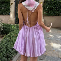 LIZAKOSHT - Purple Chiffon Backless Sleeveless Sundress Elegant Sexy Deep V Neck A-line Mini Dress Summer Beach Vacation Outfits