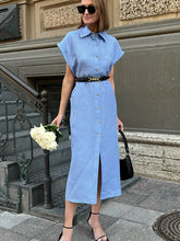 LIZAKOSHT - Summer Women's Linen Dress Lapel Sleeveless High Waist Maxi Dress Elegant Straight Shift Dress Office Lady Long Dress