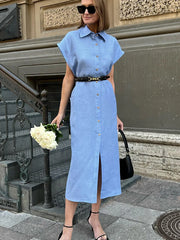 LIZAKOSHT - Summer Women's Linen Dress Lapel Sleeveless High Waist Maxi Dress Elegant Straight Shift Dress Office Lady Long Dress