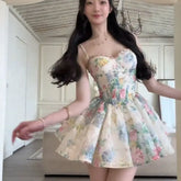 LIZAKOSHT - Summer French Coquette Floral Print Mini Dress Women Slim Fit Corset Spaghetti Strap Ruched Flared Hem Party Clubwear Outfit