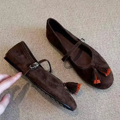 LIZAKOSHT - Fashion Tassel Decoration Ballet Flats Women Soft Leather Buckle Round Toe Mary Jane Shoe Comfort Shallow Designer Loafers Pumps