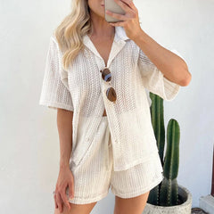 LIZAKOSHT - Women Summer Transparent Knitted Short Sleeve Shirts&Drawstring Shorts Set Casual Loose Beach Outfits Fashion Solid Color Set
