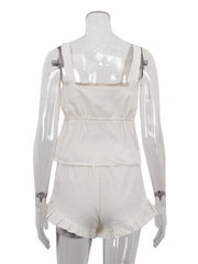 LIZAKOSHT - White Summer Ladies Sleepwear Suit Strap Pajamas Square Collar Nightie Lace Up Nightgowns Shorts Casual Nightwear Set