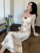 LIZAKOSHT - French Floral Printed Midi Dress Women Autumn New Square Collar Long Sleeve Slim Waist Wrap Hip Clothing Elegant Chic Vestidos